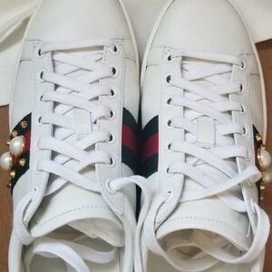 Gucci White Sneakers with Gold and Red Details